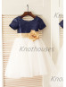 Short Sleeves Navy Blue Sequin Ivory Tulle Knee Length Flower Girl Dress